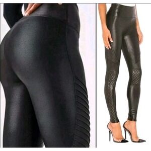 EUC Spanx High Waisted Black Faux Leather Quilted Panel Moto Leggings Size XL